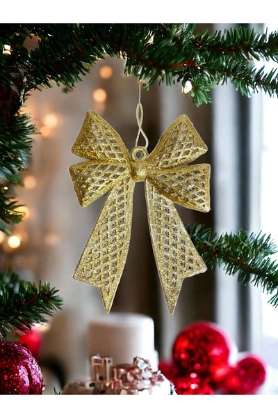 Kokoş Parti Christmas Tree Ornament Gold Glitter Bow 25 Cm