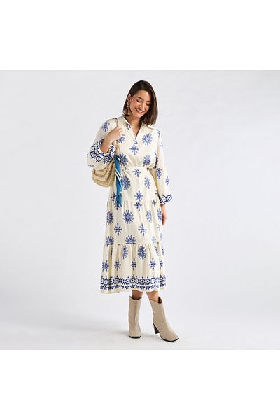 FAV Printed Midi Shirt Dress with Long Sleeves and Tie-Up Belt