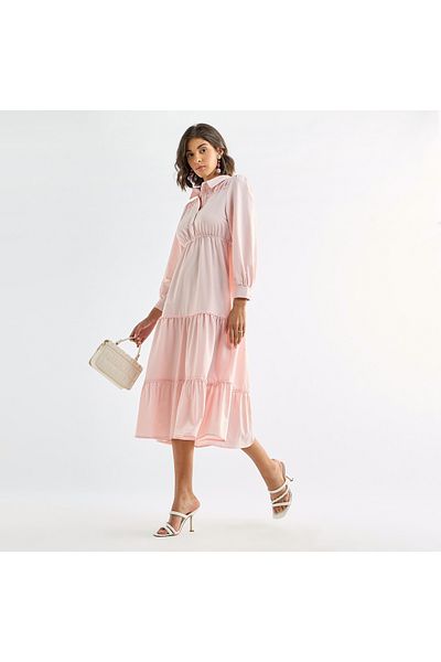 FAV Solid Tiered Midi Dress with Puff Sleeves and Collar