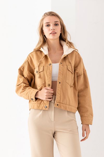 TUBA SÖZEN BUTİK Short Denim Plush Coat with Hood