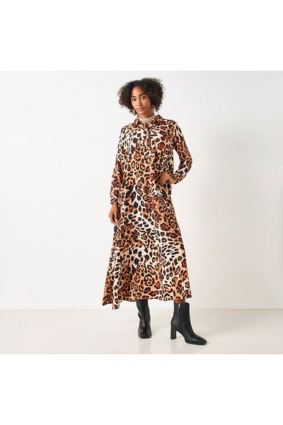 Iconic Animal Print Maxi Dress With Collar And Long Sleeves