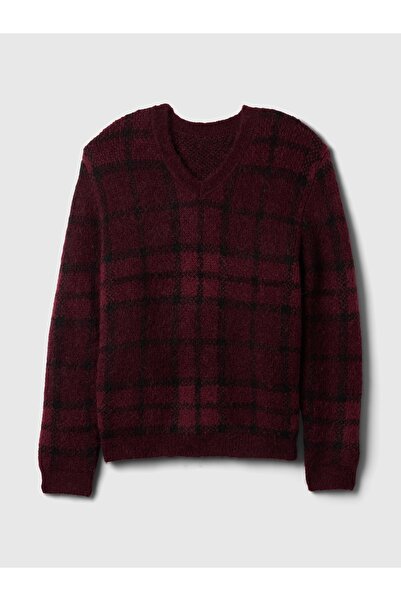 GAP Erkek Bordo Ekose V Yaka Kazak