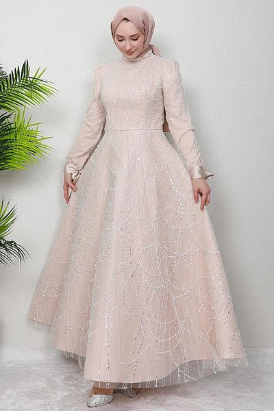 GİZ AGİYİM Mahur Hijab Evening Dress Light Powder