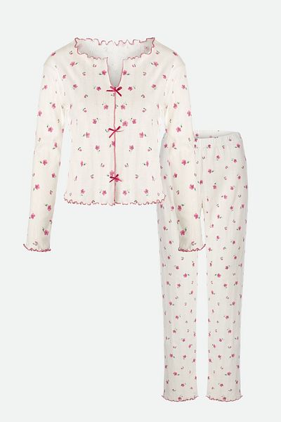koza iç giyim Set de pijamale cu mânecă lungă pentru femei, din bumbac, cu imprimeu floral crocant