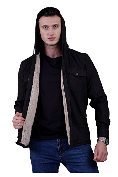 Exve Exclusive Anthracite Gray Single Color Plain Plain Hooded Wool Fur Inside Winter Woodcutter Jacket Shirt