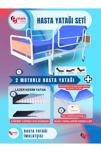 emek sağlık 2 Motorlu Ekonomik Hasta Karyolası + Lazer Kesim Yatak + 30 Derece Pozisyon Veren Havalı Yatak Takım