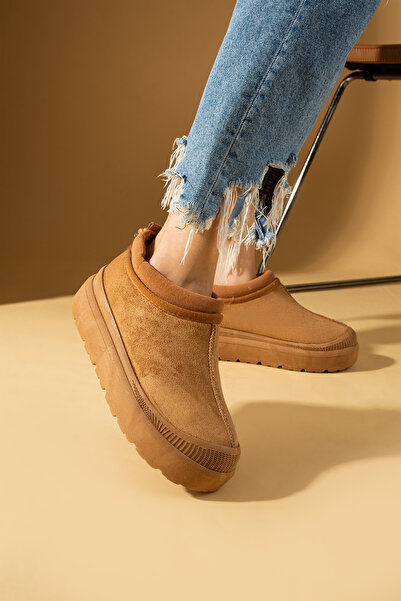 Pembe Potin Kadın Taba Nubuk Yarım Bot İçi Tüylü Düz Kalın Rahat Taban Kadın Ayakkabı