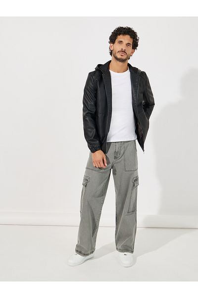 Styli Leather Look Hooded Biker Jacket with Zip Detail