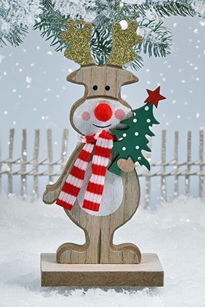 Sole Christmas Ornament Decorative - Deer Figure with Glitter Horn, Pine Tree and Wooden Scarf - 15C