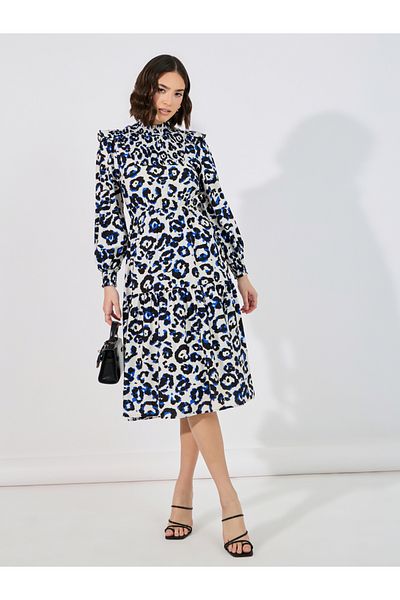 Styli Abstract Print Shirred A-Line Midi Dress