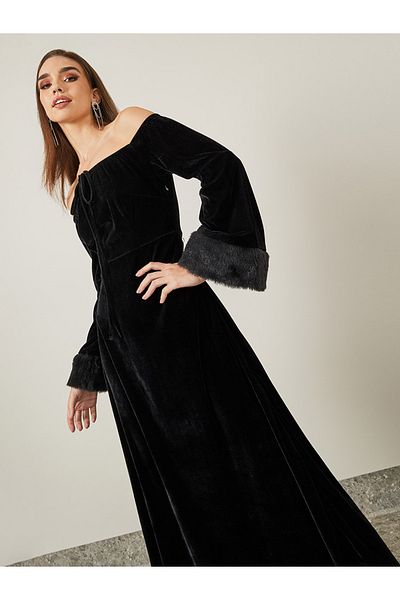Styli Faux Fur Trim Velvet A-Line Maxi Dress