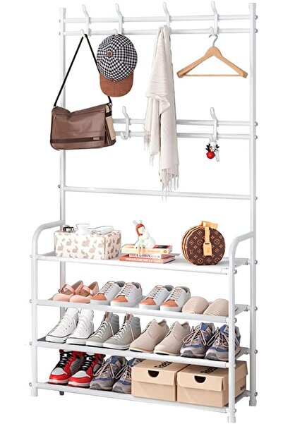 Primo Plus Shoe Rack with Coat Rack 4 Tier Shoe Stand Orqanizer for Bedroom Dorm, White