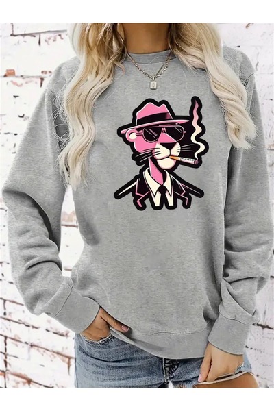 WOODROFFE Pink Panther Printed Crew Neck and Hooded Oversize Black Gray Sweatshirt