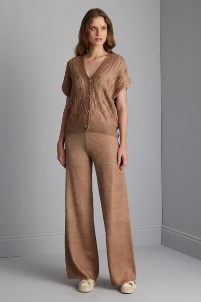 JOIN US Yüksek Bel Kahverengi Triko Palazzo Pantolon