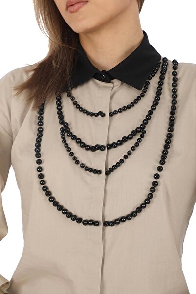 lodmela Μπεζ κολιέ με μαργαριτάρι κεντημένη μπλούζα 4704