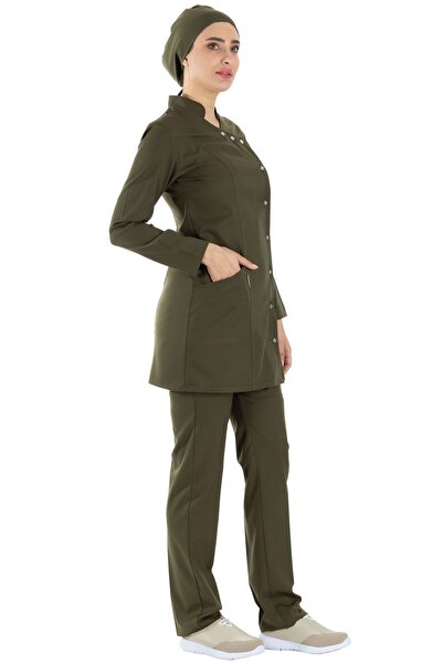 Alsancak Üniforma Luxe Hijab Khaki Green Thick Fabric Lycra Hijab Nurse Jersey and Doctor's Jersey Set