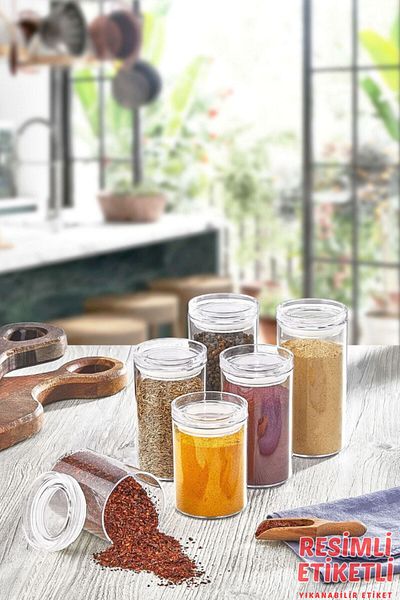 Comprox 6-Piece Acrylic Vacuum Round Spice Bowl Set with Illustrated Label 300 ml - Leak-Proof Spice Bowl Set