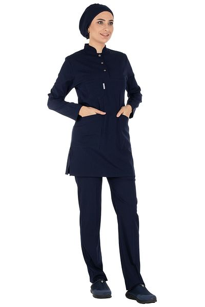 Alsancak Üniforma Set jerseu pentru asistentă hijab din lycra din țesătură subțire albastru bleumarin și set de jerseu pentru doctor în hijab