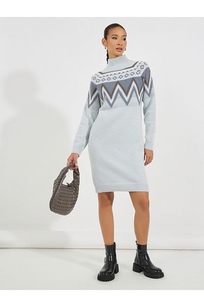Styli Printed Panel Sweater Knee Length Dress