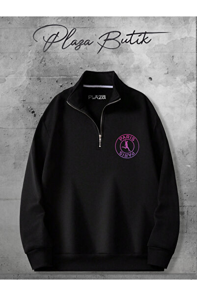 Plaza Butik Hanorac unisex cu jumătate de fermoar cu imprimeu Paris