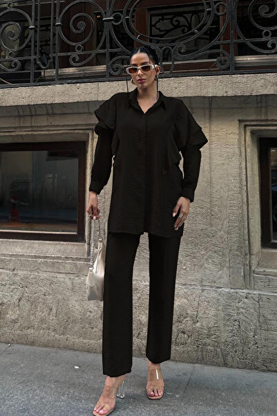 Cockatoo قميص نسائي بتفاصيل مكشكشة على الكتفين، طقم مكون من قطعتين مع جيوب