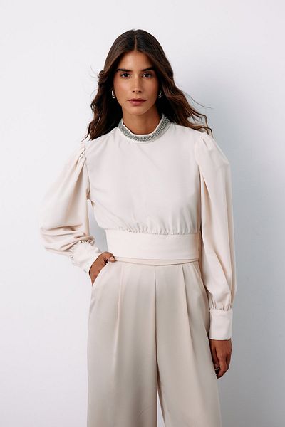 Sateen Beige Color Collar Accessory Blouse