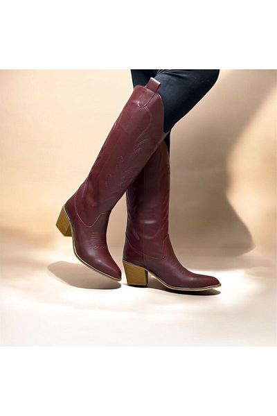POTEEN Ptn Duppy Women's Western Cowboy Embroidered Full Mold Comfortable Boots - Burgundy