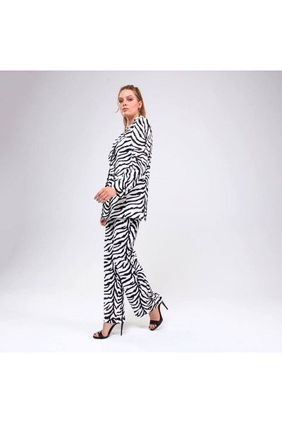 OUZ Fashion Women's Fleto Pocket Padded Shawl Collar Zebra Printed Digital Printed Jacket