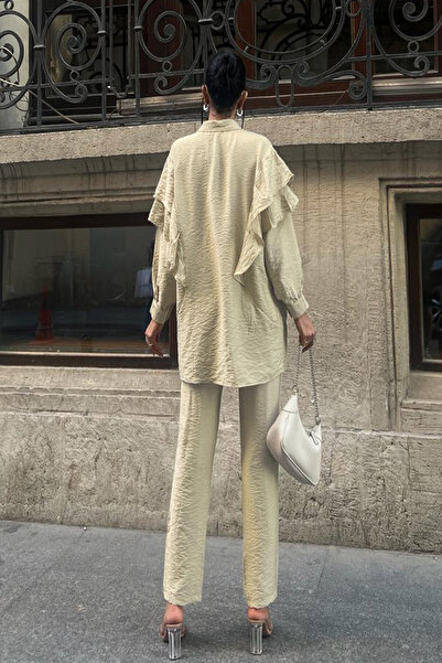 Cockatoo Women's Shoulder Ruffle Detail Shirt Pantalon Pocket Two-Piece Set