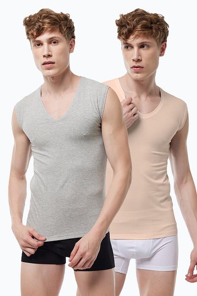 Malabadi Ανδρικό γκρι χρώμα δέρματος 2 Συσκευασία V-Neck Non-marking Modal Αμάνικο αόρατο εσώρουχο 064