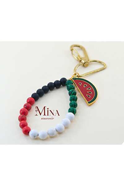 Mina Souvenir سلسلة مفاتيح من الحجر الطبيعي موديل مافيرا - موضوع فلسطين، تفاصيل البطيخ