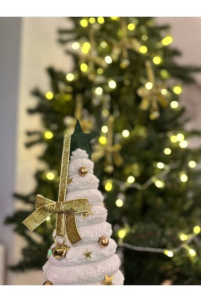 kadifecim 5 Pieces Silvery Gold Gold Velvet - Christmas Pine Tree Ornament with Cymbal Chain and Ribbon