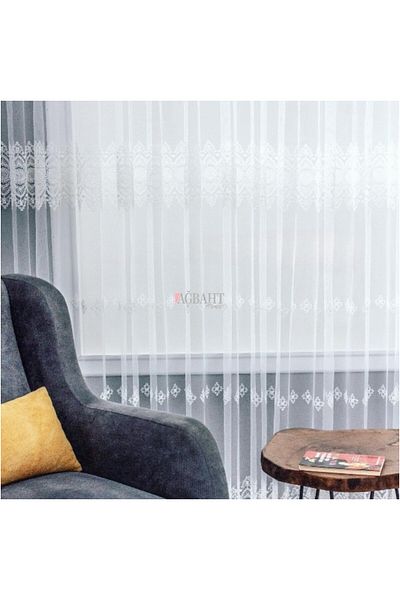 Brillant Embroidered Non-Ironing Damask Pattern 1/3 Close Pleated Tulle Curtain