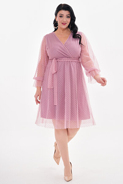 IŞILTI Plus Size Puentiye Tulle Double Breasted Neckline and Sash Midi Evening Dress - 3107