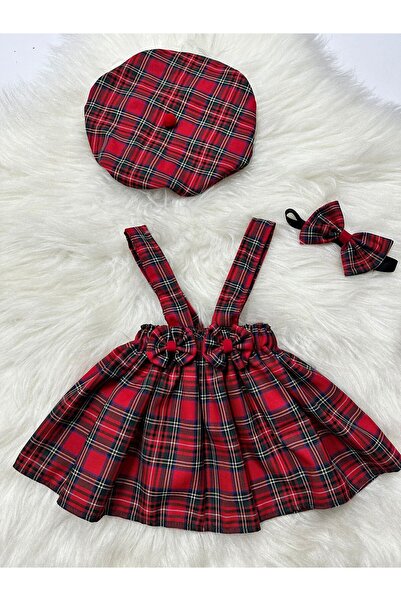 Moda Lina Baby Girl's Plaid Patterned Salopet & Hat & Bandana Set