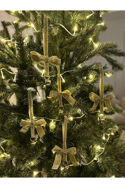 kadifecim 5 Pieces Silvery Gold Gold Velvet - Christmas Pine Tree Ornament with Cymbal Chain and Ribbon