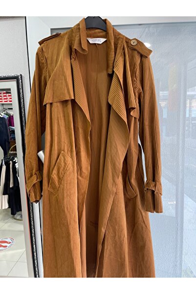 Yaren Moda Kadın fitilli kadife uzun trenç ceket
