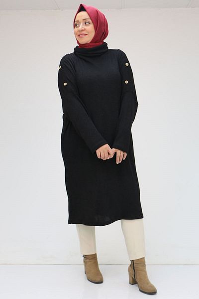 Eslina 38149 Plus Size Low Sleeve Button Detail Mir Tunic-Black