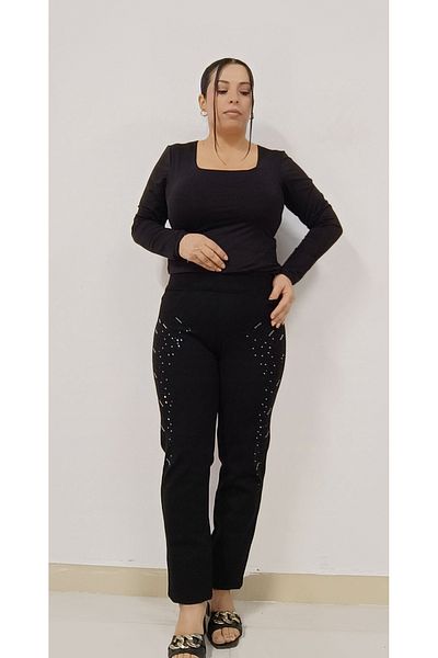 AKŞEN GİYİM Plus Size Recovery Two Sizes Thin Showing Elastic Waist Punto Fabric Side Stone Pant
