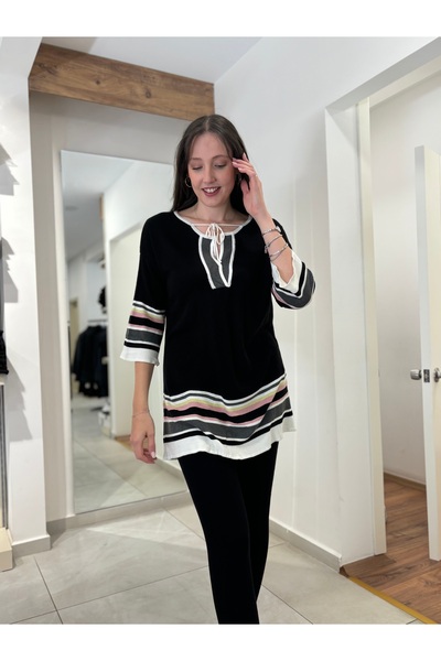 STAMINA Tunic Style Neck Tie Sweater with Stripes and Sleeves Detail