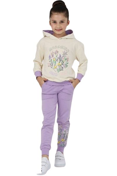 İrem Çocuk Giyim Girl's Gardens Text Floral Patterned Hooded Ecru Tracksuit Set