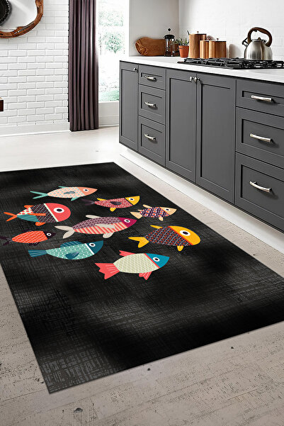 Viyana Home Dijital Baskılı Kaymaz Taban Yıkanabilir Balık Figürlü Mutfak Halısı