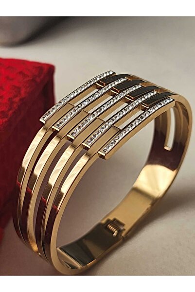 ZÜLİSCH Kalın Kelepçe Taşlı Kuyumcu Model Gold Paslanmaz