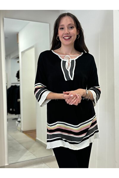 STAMINA Tunic Style Neck Tie Sweater with Stripes and Sleeves Detail