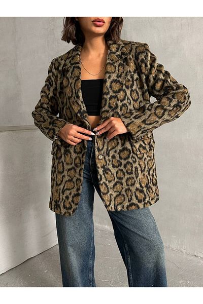 Zeynep Öykü Style Дамско кашмирено яке с леопардова подплата и оверсайз шарка