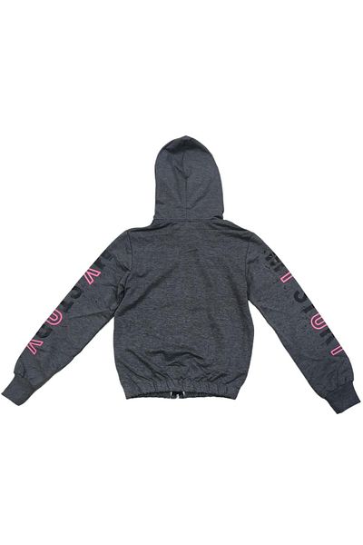 İrem Çocuk Giyim Girl - Dark Gray Cardigan with Text Pattern, Text Pocket and Hood
