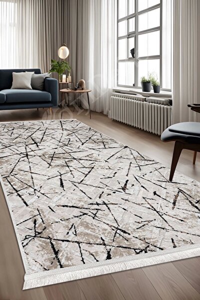 Dijidekor Halı Vizon Cool Karo Yıkanabilir Saçaklı Kesme Ince Yolluk Kilim Sa...