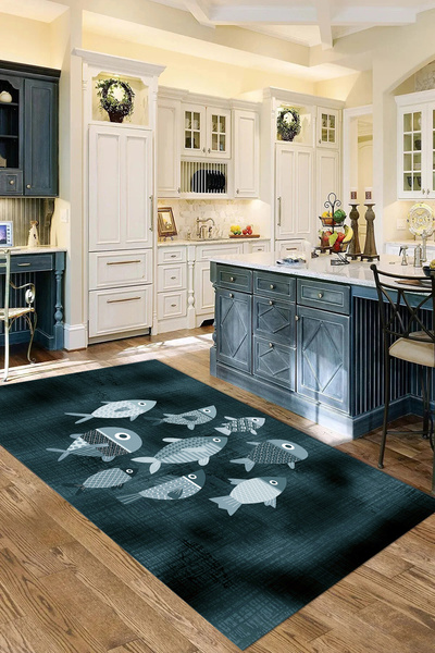 Viyana Home Dijital Baskılı Kaymaz Taban Yıkanabilir Balık Figürlü Mutfak Halısı