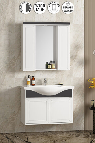 ÖZCEDEN Lilyum 80 cm Beyaz-Antrasit Gri Mat MDF Pk-109 Balon Kapak Seramik La...