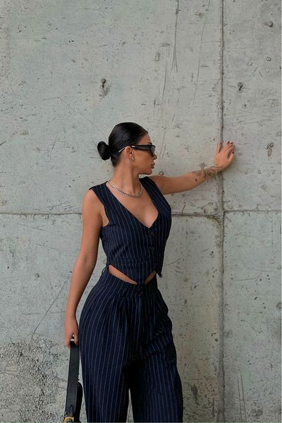 MAS BUTİK Women's White Stripes Detail Crop Vest Jacket Bol Cut Bol Trouser Pants Bottom Top Suit
